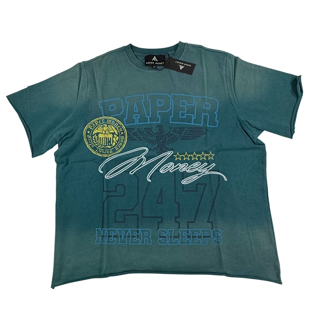 Paper Money 24/7 Never Sleeps Graphic Tee Teal Streetwear T-Shirt Mens Medium NW